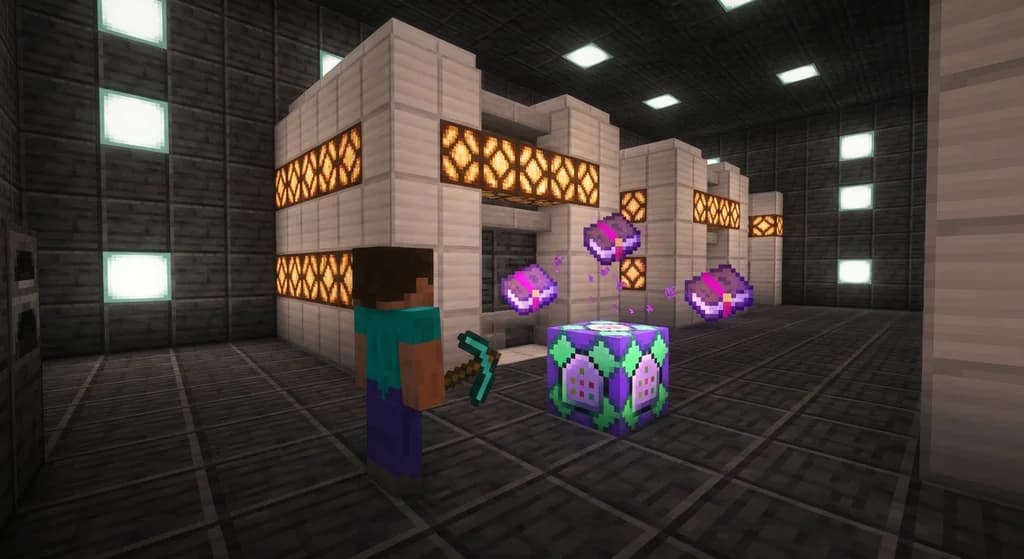 Minecraft server rack built from iron blocks and redstone lamps with glowing plugin items hovering nearby