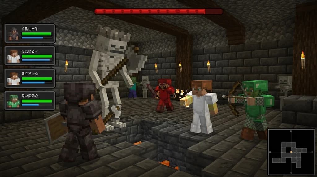 Minecraft MMORPG party fighting a dungeon boss with tank, healer, and DPS roles