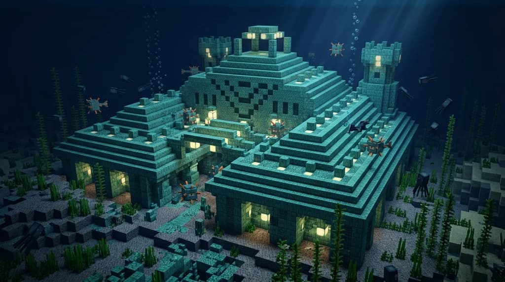 A massive Minecraft ocean monument built from prismarine and sea lanterns glowing underwater, with guardian mobs swimming around it in the deep ocean.
