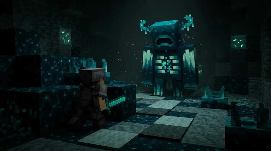 Minecraft player facing the Warden in a deep dark cave, illustrating the warden boss fight guide.
