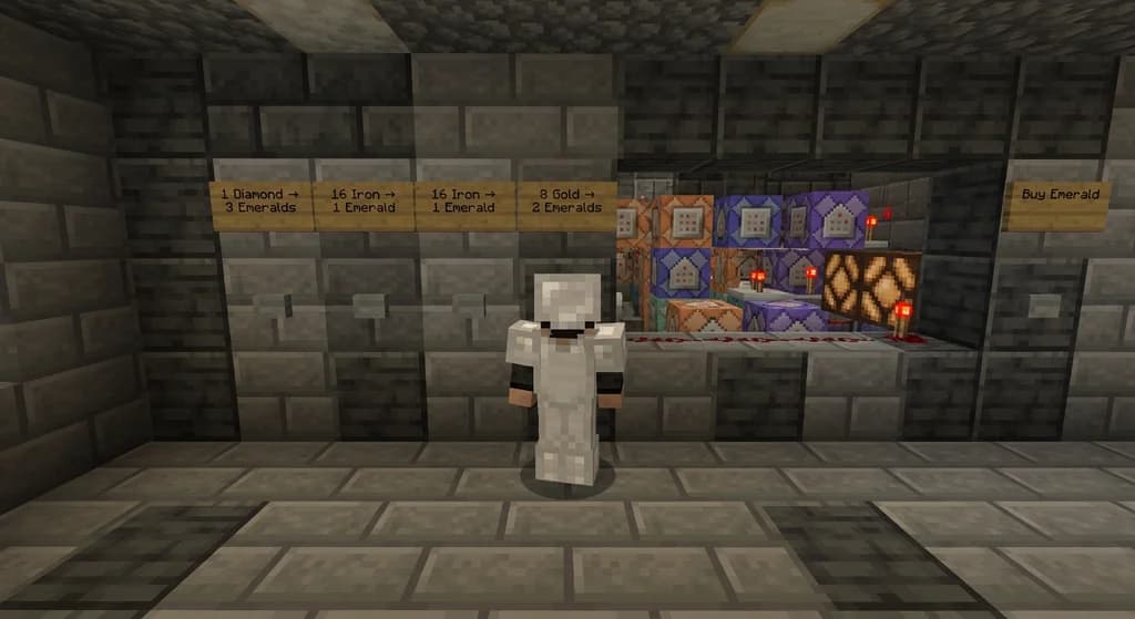 Player interacting with a command block currency exchange station in a deepslate room with labeled buttons and visible command blocks.