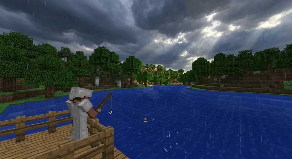 Minecraft player fishing from a wooden dock during rain, bobber in a blue lake with storm clouds overhead and oak forest on the banks
