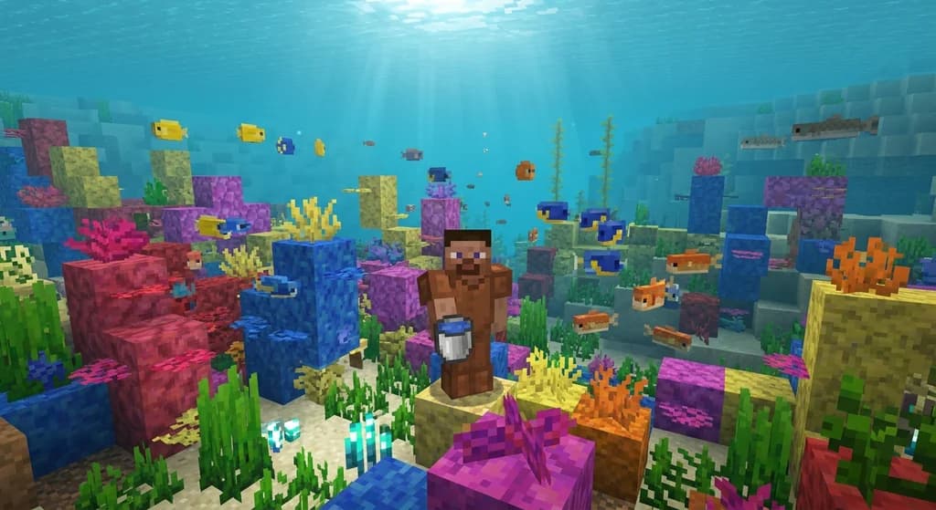 Minecraft player catching a tropical fish with a bucket in a coral reef biome