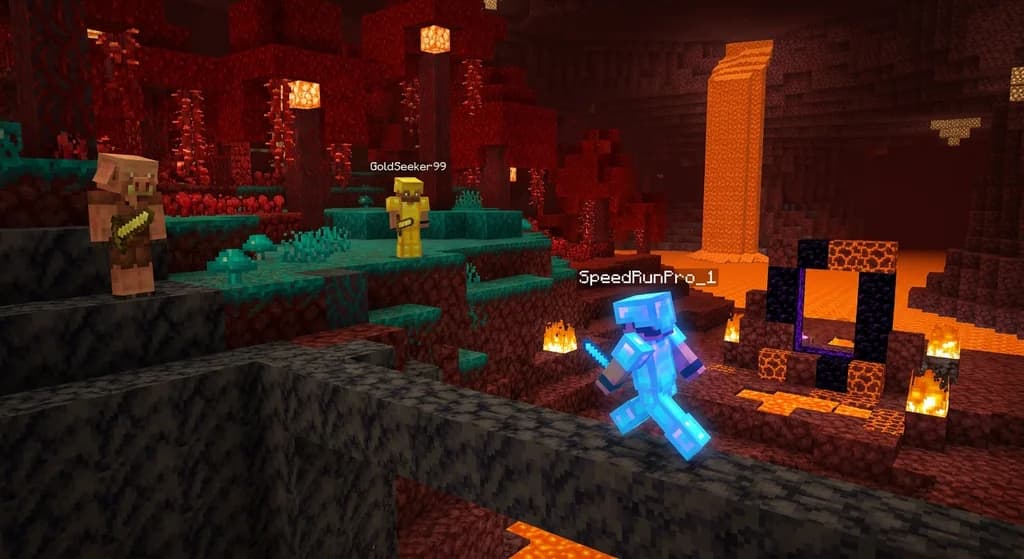 Minecraft speedrunner in diamond armor sprinting through a basalt delta toward a ruined nether portal while a piglin watches.
