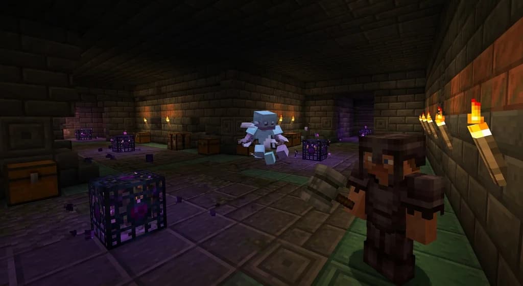 A Minecraft trial chamber with glowing ominous trial spawners, a Breeze mob floating in purple light, tuff brick walls, and a Netherite-armored player wielding a Mace.