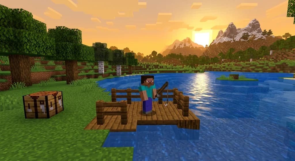 Player holding a fishing rod on a dock near a lake with crafting table and materials nearby