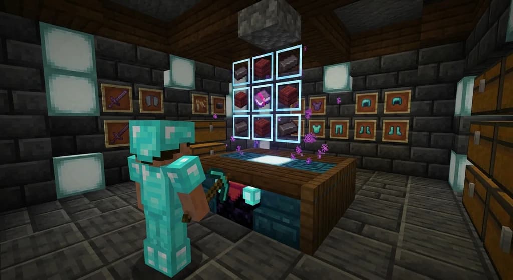A player at a custom crafting table in a deepslate underground workshop, displaying a holographic recipe for a glowing custom sword surrounded by unique textured gear on the walls.