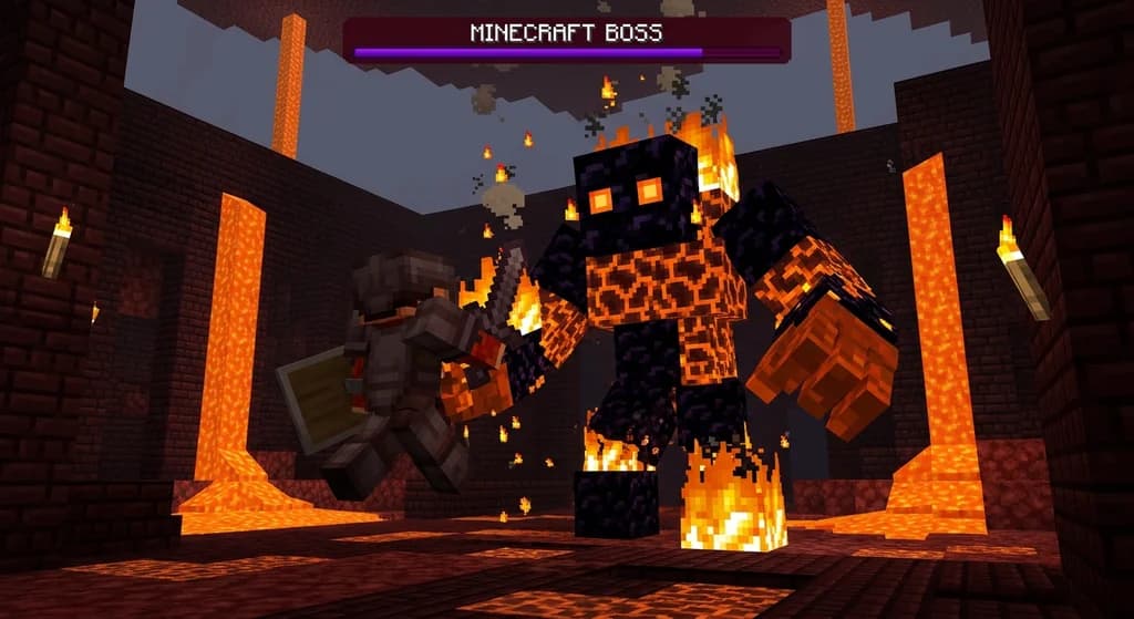 Minecraft player facing a custom boss with a custom purple boss bar in Nether