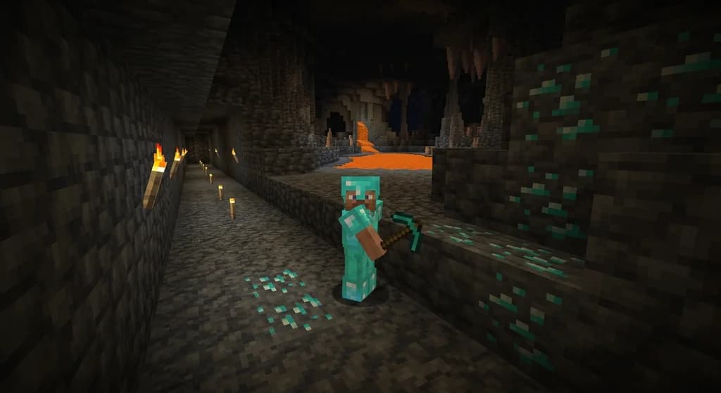 Minecraft player in diamond armor strip mining at Y -58 underground, deepslate tunnel lit by torches with diamond ore veins visible in the walls