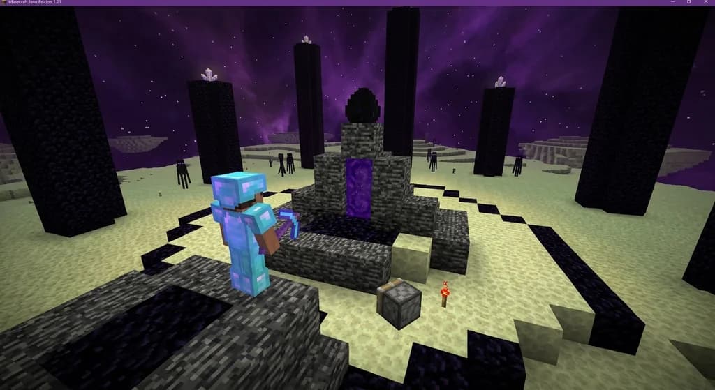 Player in diamond armor on the End platform with a dragon egg on the fountain, preparing to collect it with a piston and torch.