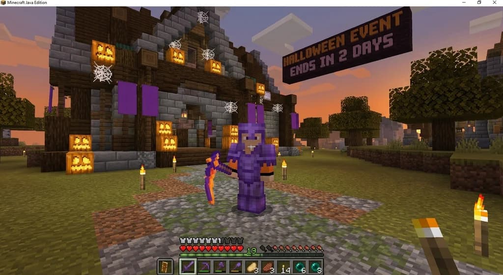 Player holding limited-time event item in festive Minecraft server hub