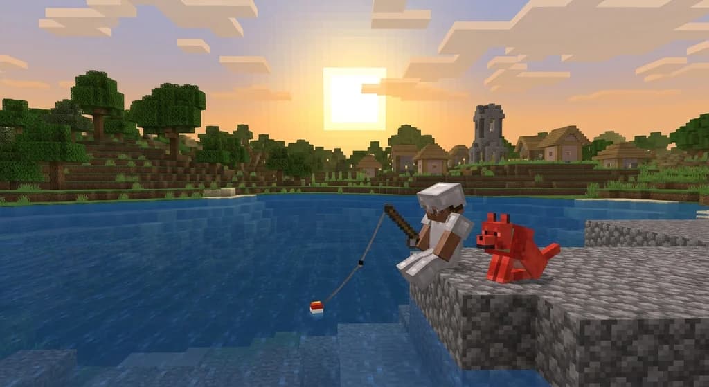 A player fishing off a dock in Minecraft at sunset, with a name tag floating above the bobber and a named wolf sitting next to them.