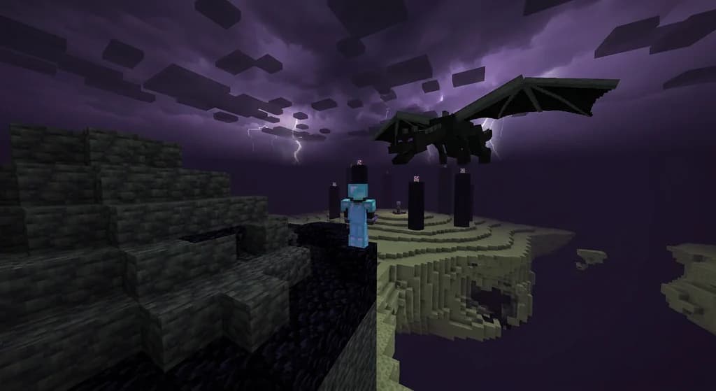 A player in diamond armor faces the Ender Dragon in a stormy End dimension with a modded HUD overlay.