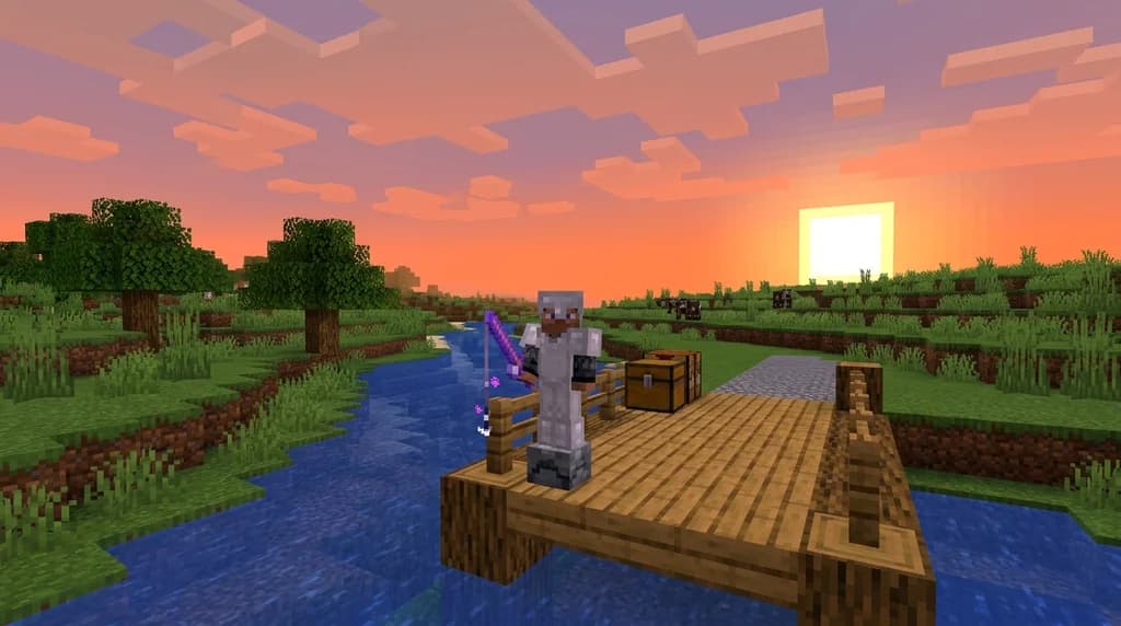Minecraft player holding an enchanted fishing rod by a river at sunset, showcasing durability management.
