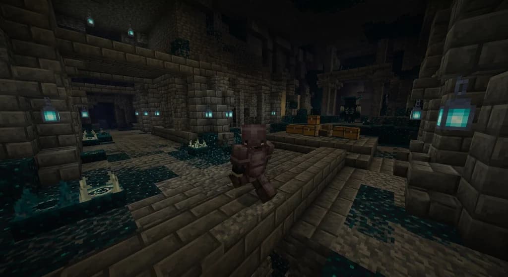 A Minecraft hardcore player in netherite armor crouching inside an ancient city built from deepslate and sculk, with a Warden silhouette lurking in the shadows beyond glowing soul fire lanterns.