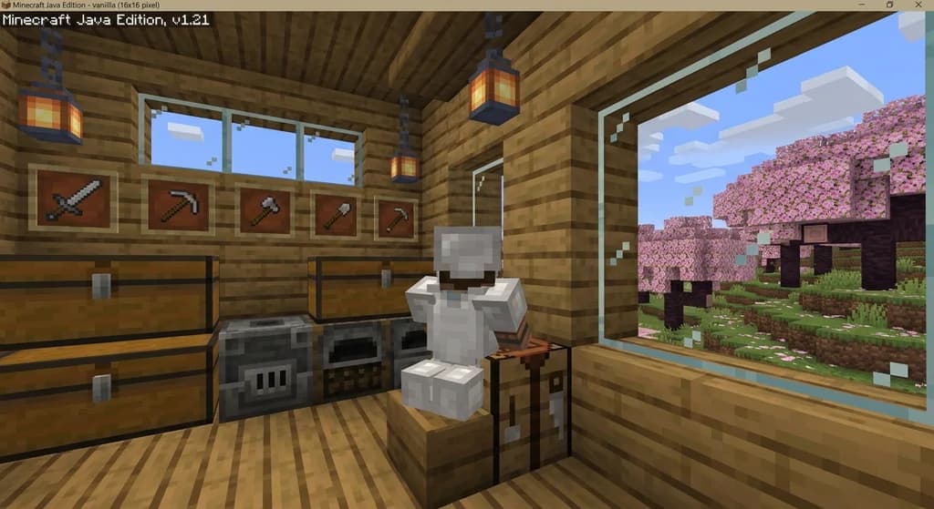 Minecraft workshop with a player at a crafting table, item frames showing tools and potions, highlighting the convenience of an in-game recipe viewer like JEI.
