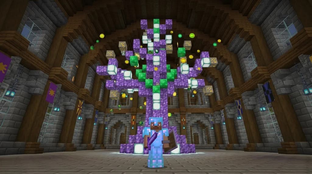 A Minecraft player viewing a colossal skill tree made of amethyst and sea lanterns in a stone hall.