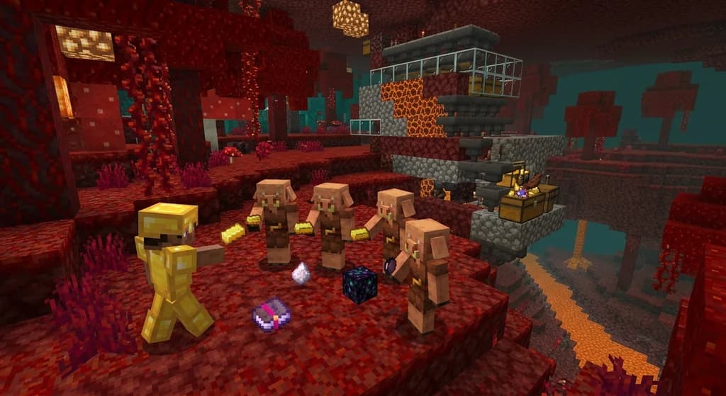 Piglins bartering with a player in the Nether, exchanging gold for valuable items like quartz and books.