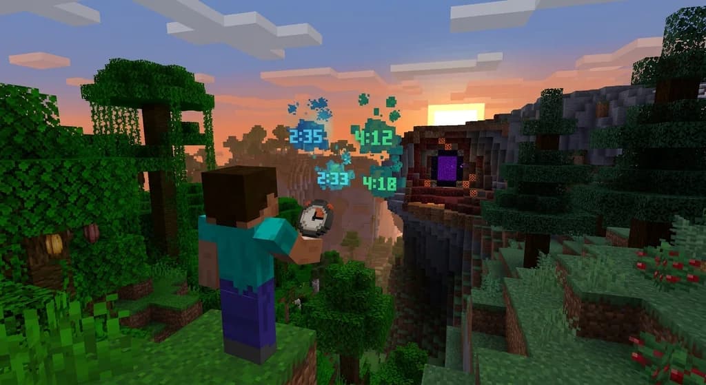 Minecraft player mentally preparing for a speedrun PB attempt on a cliff with floating timers and a distant Nether portal.