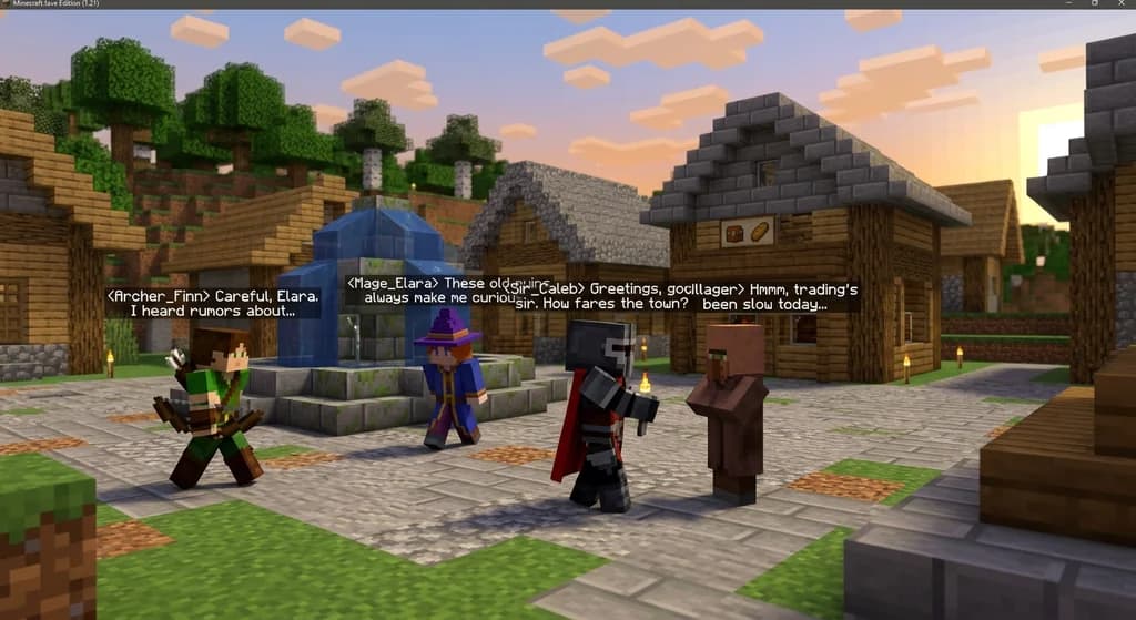Minecraft MMORPG roleplay scene with players interacting in a medieval town