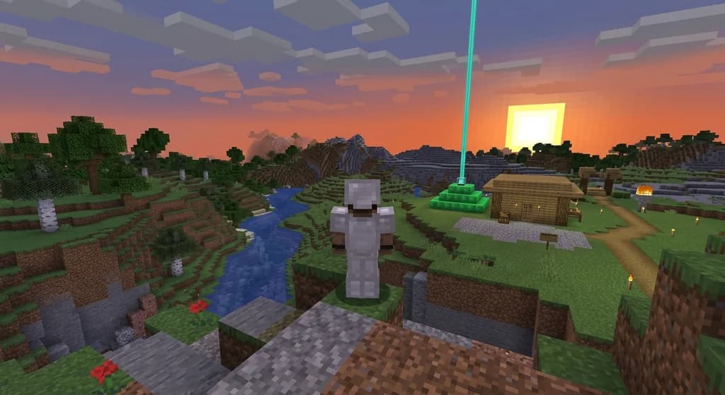 Player overlooking a hardcore Minecraft server landscape with a base and beacon at sunset.