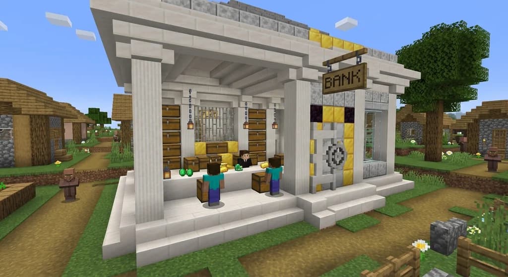 Minecraft server bank with quartz and gold blocks and players depositing items