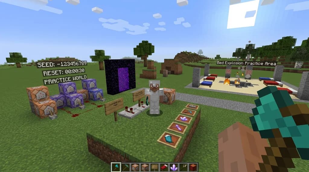 Minecraft speedrun practice server spawn with command blocks and reset timer displays in a flat world