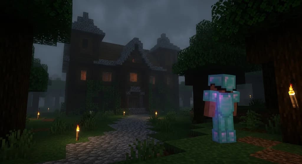 Hardcore player approaching a Woodland Mansion in a dark forest biome at dusk