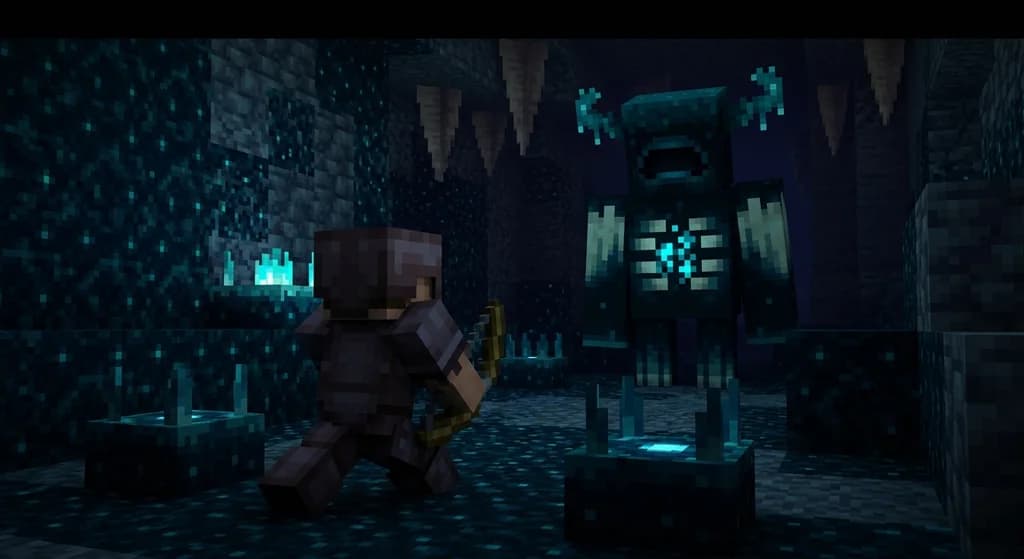 Player sneaking in the deep dark biome as a Warden looms behind them, with sculk blocks and sensors surrounding them.