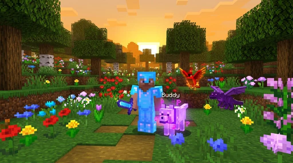 Minecraft player with glowing tamed wolf pet in a flower forest, MMORPG style