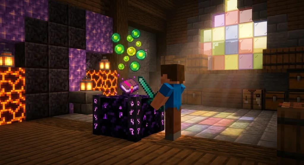 A Minecraft player using an Enchantment Transposer block to move enchantments between a sword and an enchanted book in a magical deepslate workshop.