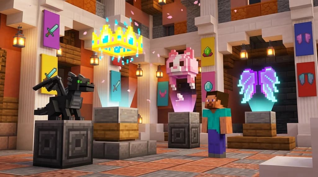 Minecraft player browsing floating cosmetic item holograms in a decorative server hub, 2026 style.