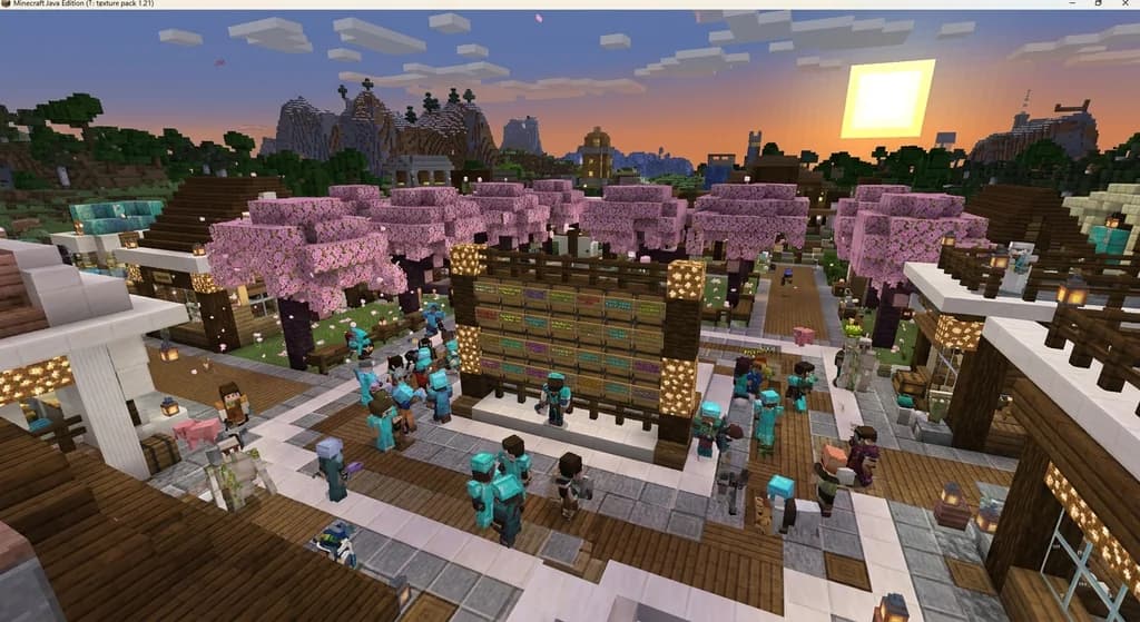 Minecraft town square scene: players in armor gather around a noticeboard with server invites, symbolizing Discord-based server discovery for Minecraft in 2026.