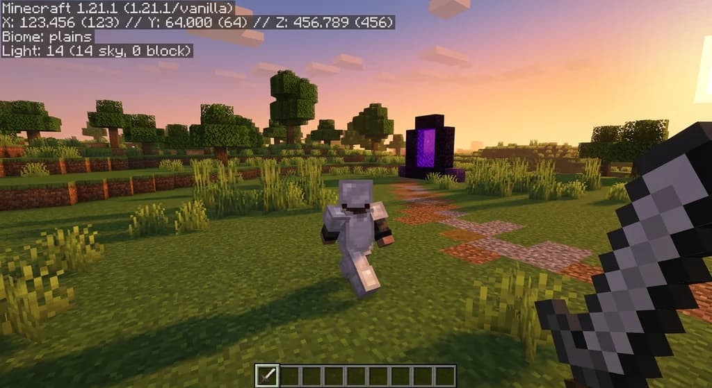 Minecraft speedrunner using F3 debug screen visible while running through plains towards a nether portal at sunset.