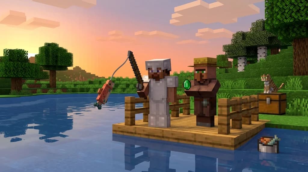 Minecraft player trading fish with a fisherman villager on a dock, with a cat and tropical fish nearby