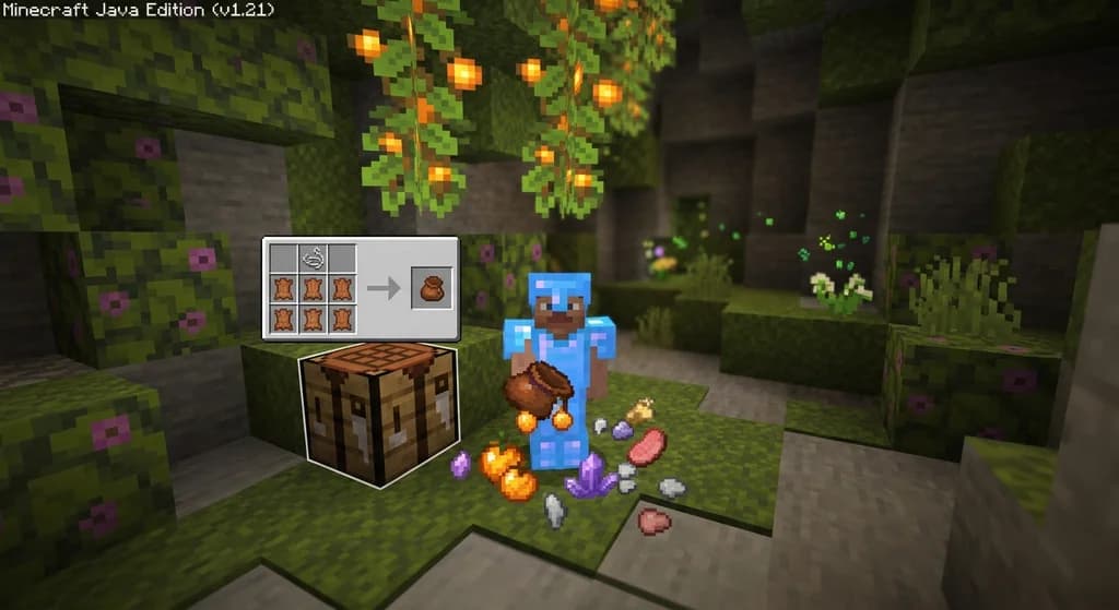 A Minecraft player holding an open bundle in a lush cave, with crafting ingredients for a bundle on a table nearby.