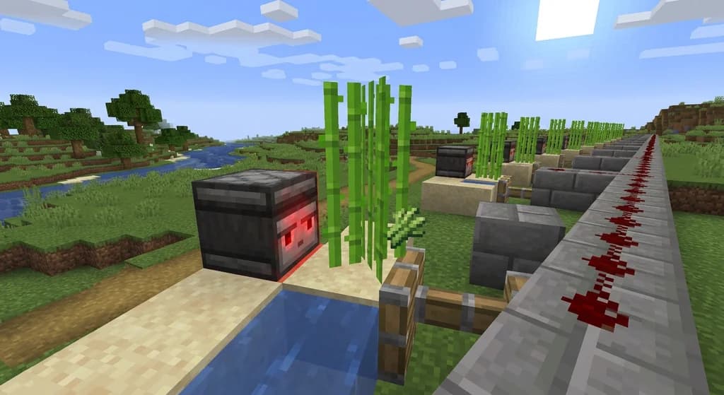 Minecraft observer block detecting a sugarcane growth, with redstone dust and piston, in a bright plains biome.