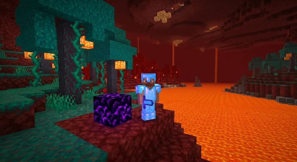A Minecraft player stands next to a fully charged, glowing respawn anchor in a warped forest biome.