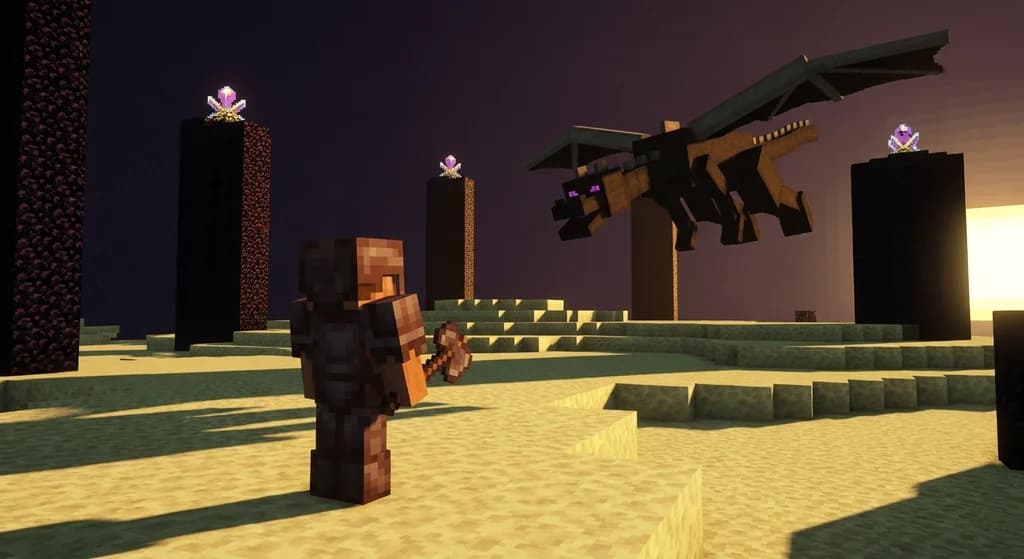 Player with netherite axe facing the Ender Dragon in the End dimension.