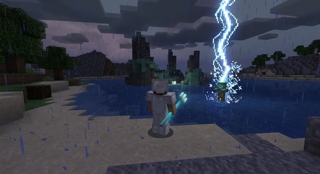 Player with enchanted trident channeling lightning on a drowned during a thunderstorm