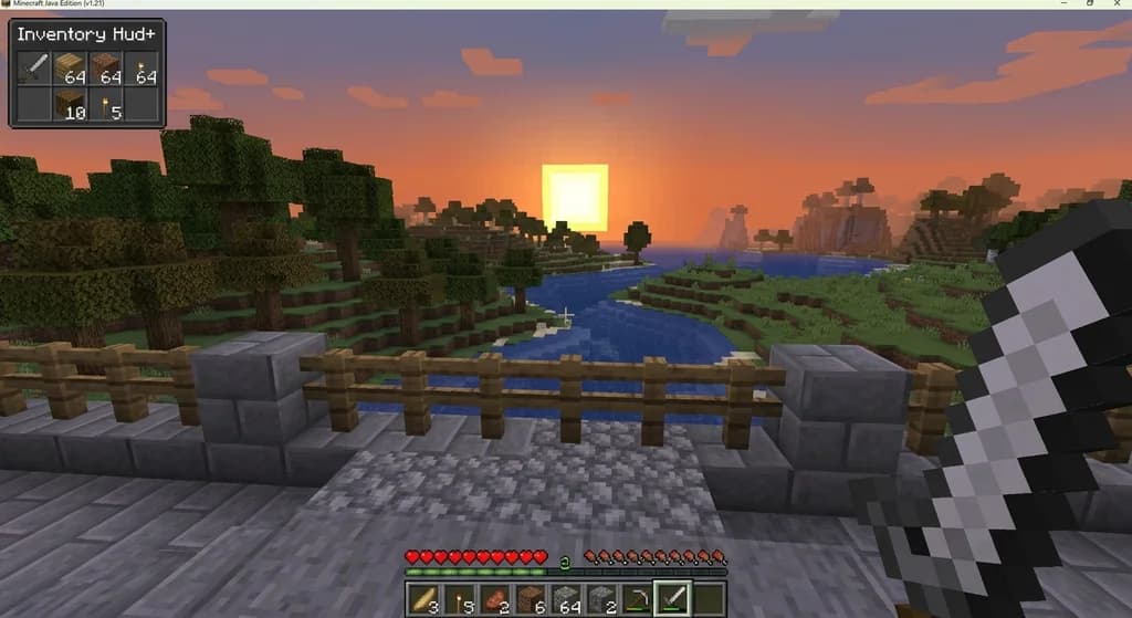 First-person Minecraft view showing a customized HUD with a compact health bar, saturation indicator, and inventory panel over a sunset river landscape.