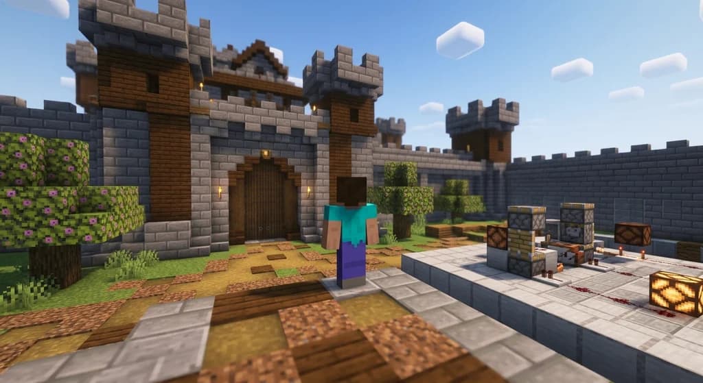 A Minecraft player exploring a custom Realms adventure map with a stone brick castle and redstone minigame.