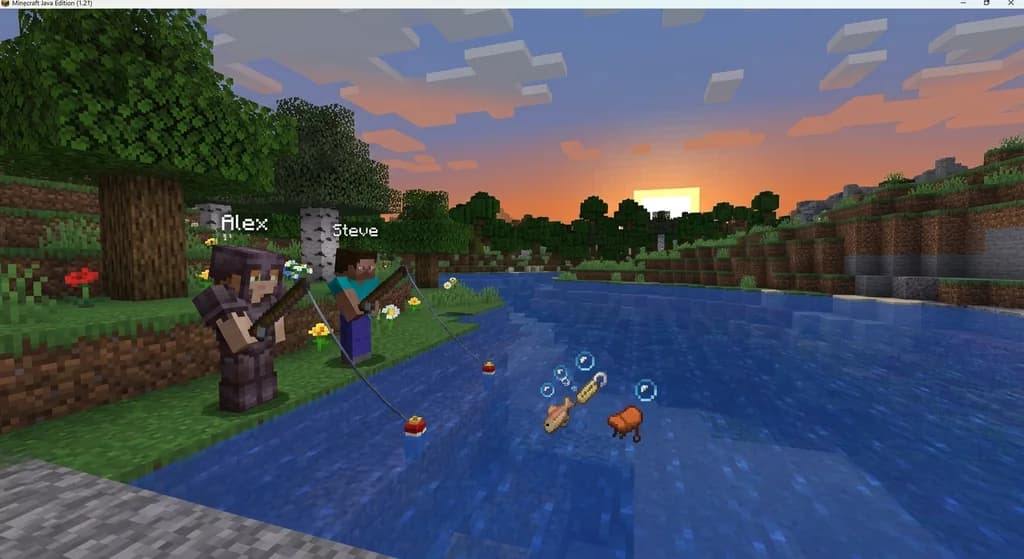 Two players fishing in a Minecraft lake, one representing Java Edition and the other Bedrock, with glowing drops emerging from the water.