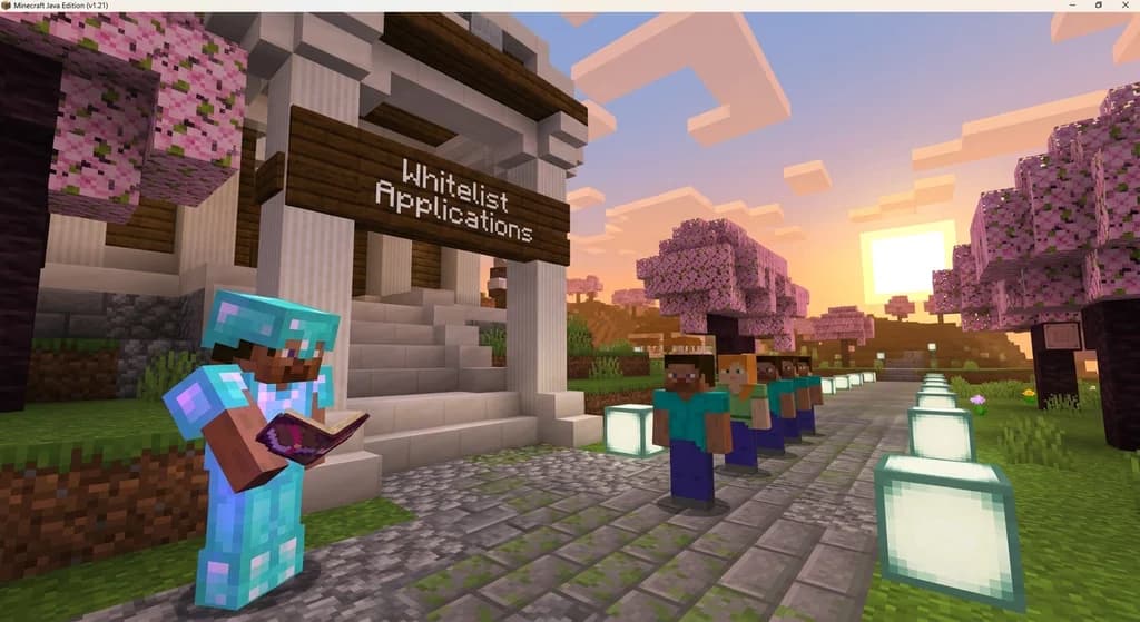 Minecraft player submitting a whitelist application at a server spawn gate.
