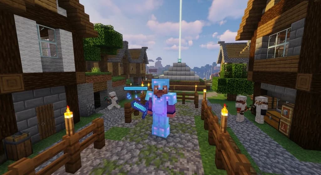 Player holding a leveled custom sword in a Minecraft server spawn town with a beacon pyramid in the background