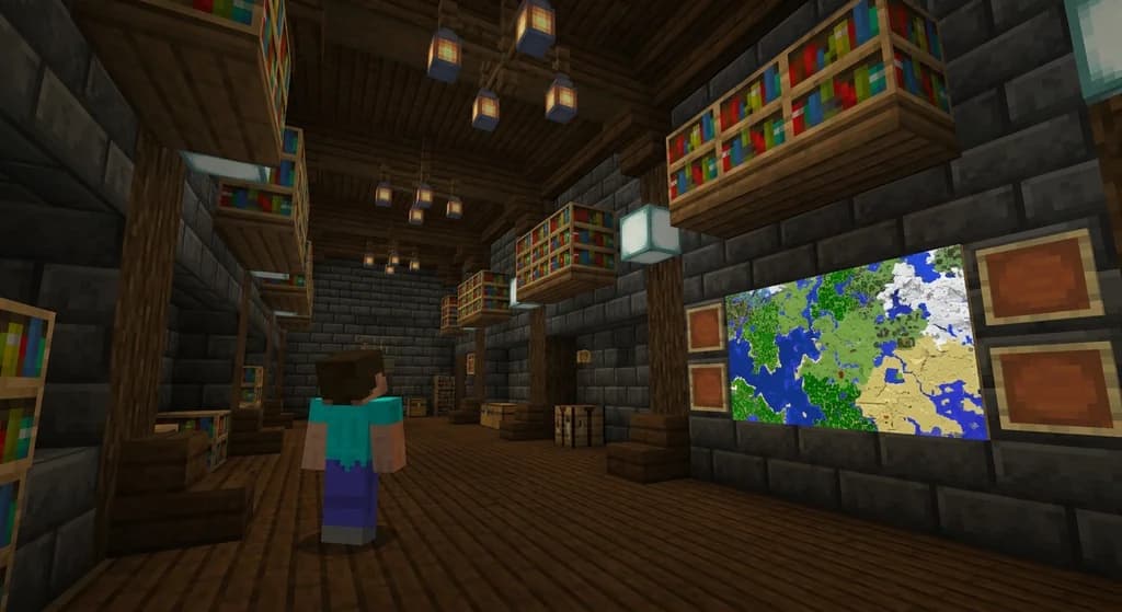 A Minecraft character standing in a grand library filled with floating books and scrolls, representing the archive of official Minecraft.net articles.