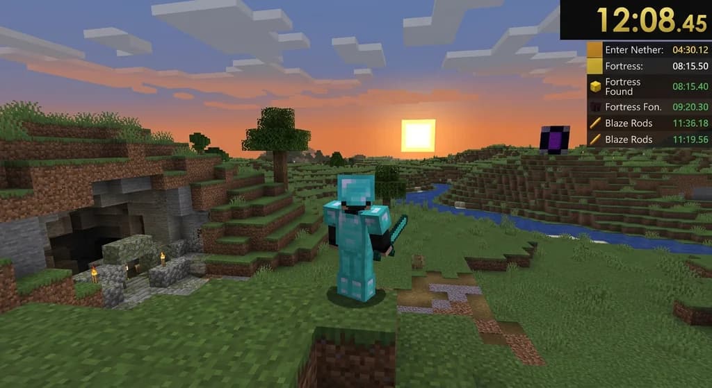 Minecraft speedrun timer overlay on a scenic in-game landscape with a stronghold in the distance.