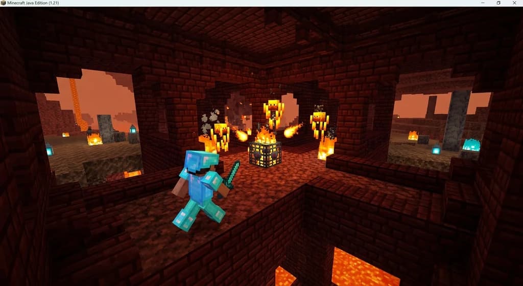 A Minecraft player navigating a nether fortress, running toward a blaze spawner at a cross intersection for speedrun routing.