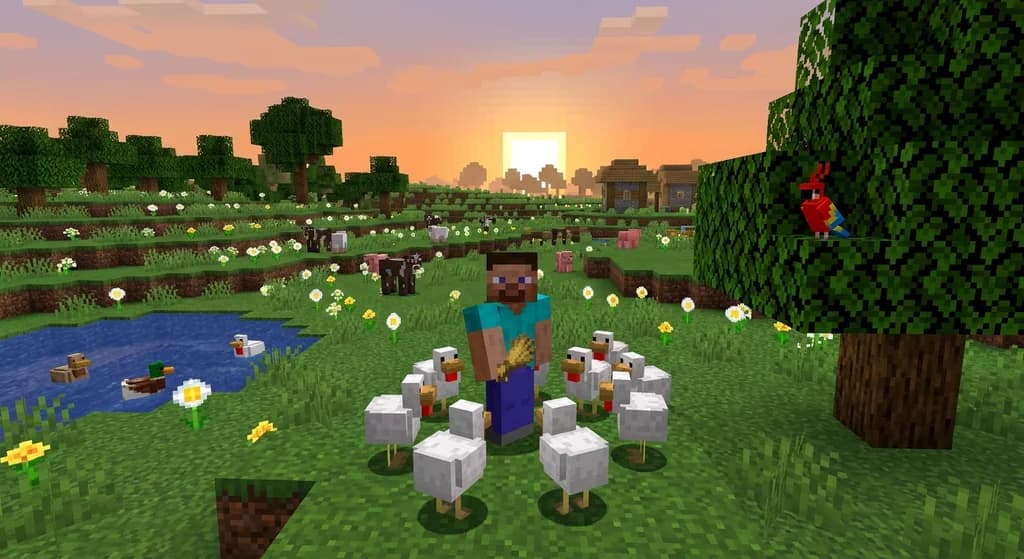 A diverse group of Minecraft animal mobs including cows, sheep, pigs, chickens, and a parrot gathered around a player in a sunny meadow.
