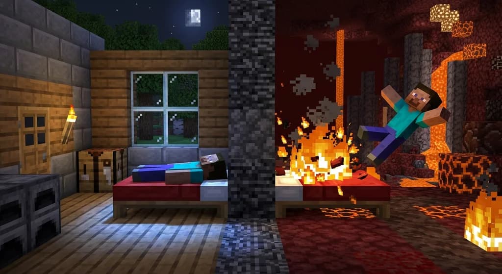 Split Minecraft scene comparing a bed in the Overworld and a bed exploding in the Nether.